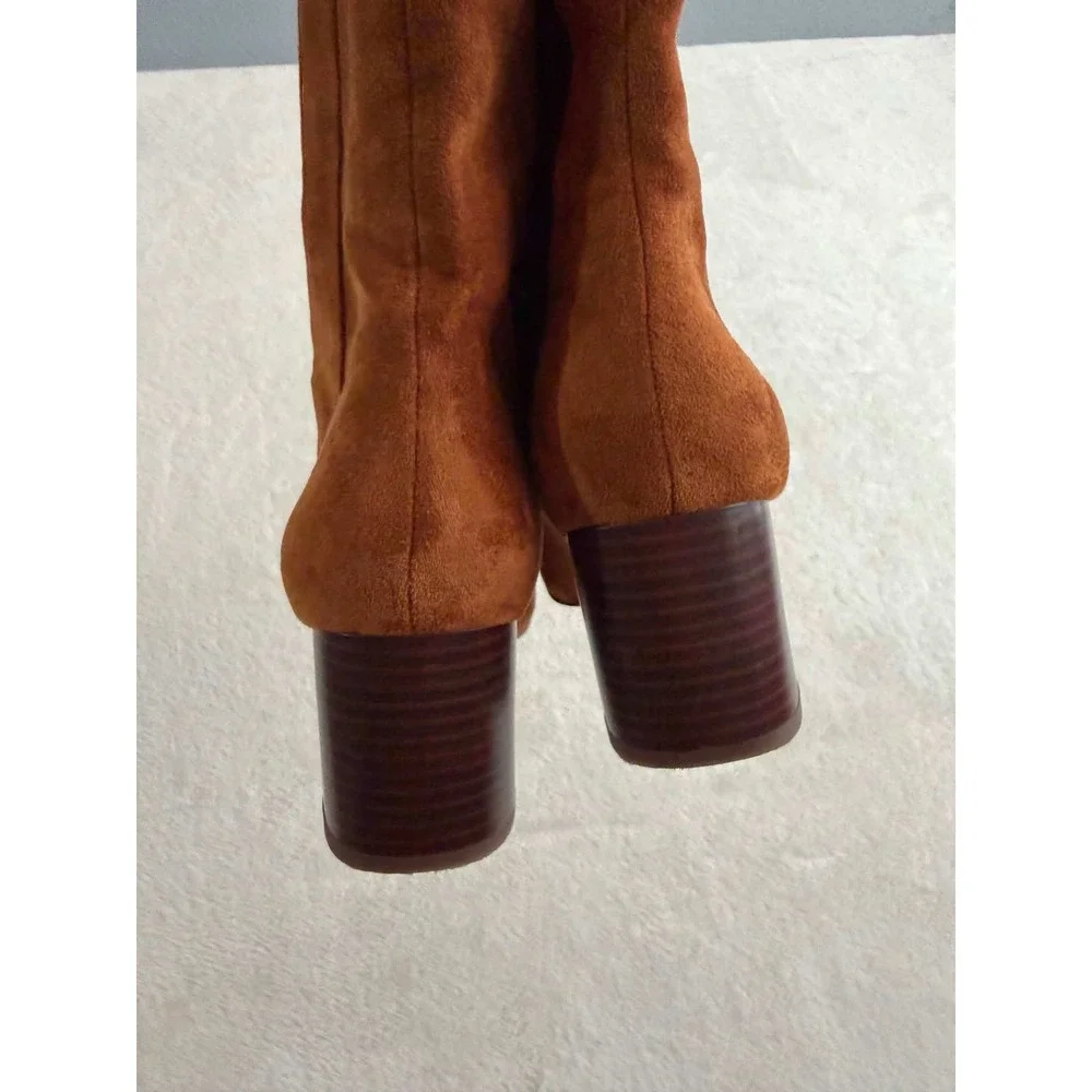 Vtg J. Crew Womens 7.5 Brown Boots Knee High Block Heel Faux Suede BT279